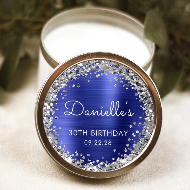 30th Birthday Party Blue Silver Glitter Classic Round Sticker (Creator Uploaded)