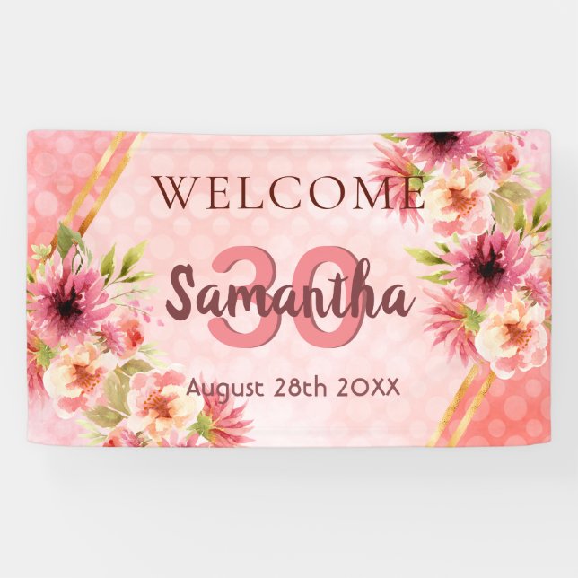 30th birthday party blush pink florals welcome banner (Horizontal)