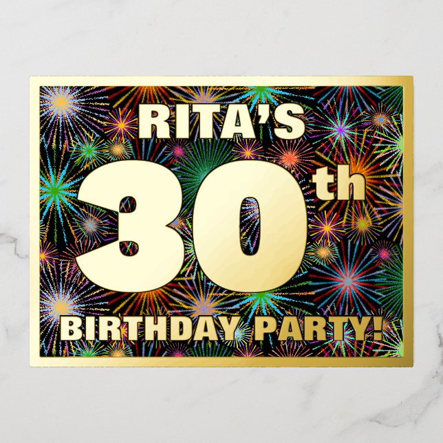 30th Birthday Party: Bold, Colourful Fireworks Loo Foil Invitation Postcard (Front)
