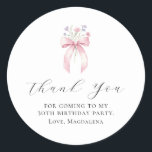 30th Birthday Party Bow Custom Thank You Favour Classic Round Sticker<br><div class="desc">Thank your guests for coming to your birthday party with this personalised thank you favour sticker.  It features a blush pink coquette bow accented with pink and blue wildflowers. Thank you is written in a lovely open script. Three lines let you customise your appreciation. All text is editable.</div>
