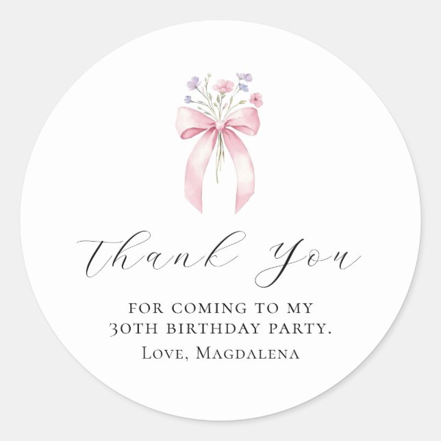 30th Birthday Party Bow Custom Thank You Favour Classic Round Sticker (Front)