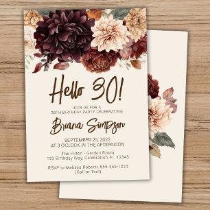 30th Birthday Party Brown Beige Ivory Flowers Invitation