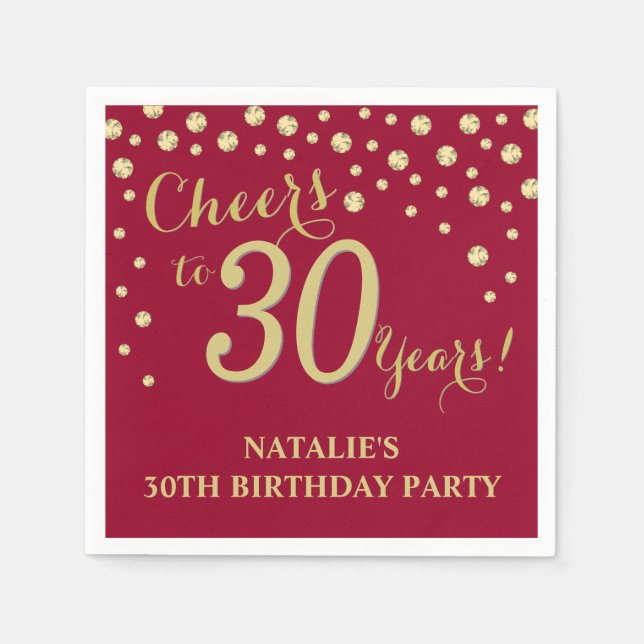 30th Birthday Party Burgundy Red and Gold Diamond Napkin (Front)