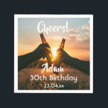 30th birthday party cheers beer photo guys napkin<br><div class="desc">A napkin for a 30th birthday party for a guy. Photo of two hands holding bottles of beer against the evening sunset. Keep the photo or add yours. With the text: Cheers to, templates for a name age 30 and a date. Date of birth or the date of the party....</div>
