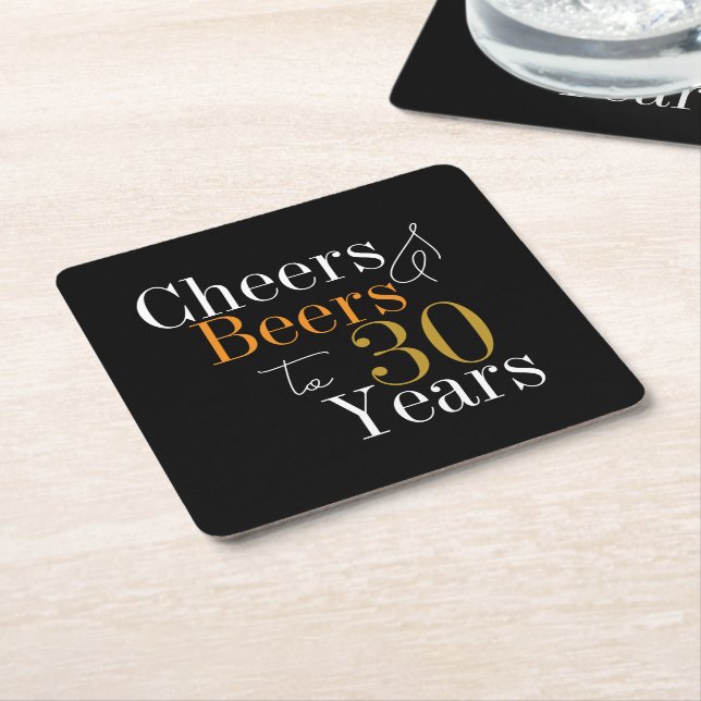 30th Birthday Party Cheers Beers Black Gold Square Paper Coaster (Angled)