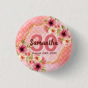 30th birthday party coral gold dahlia flowers 3 cm round badge