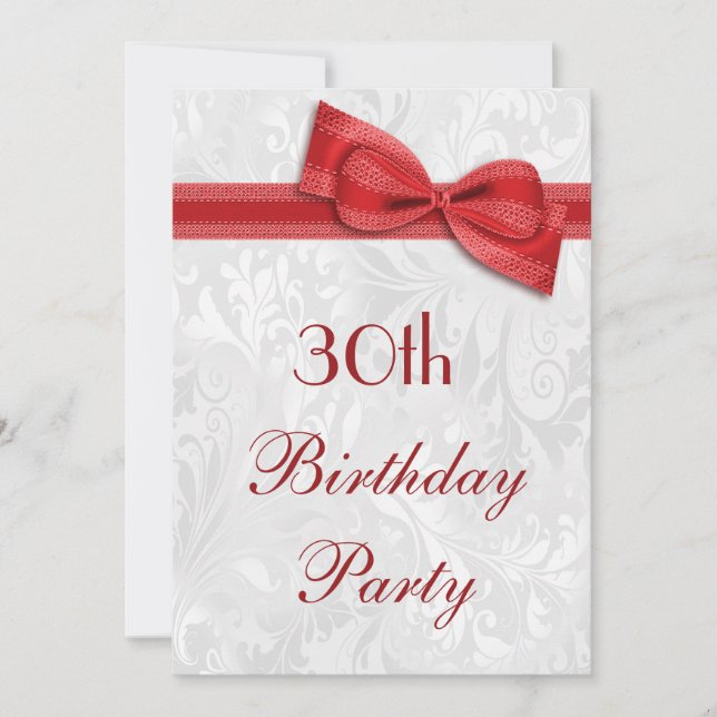 30th Birthday Party Damask and Faux Bow Invitation (Front)