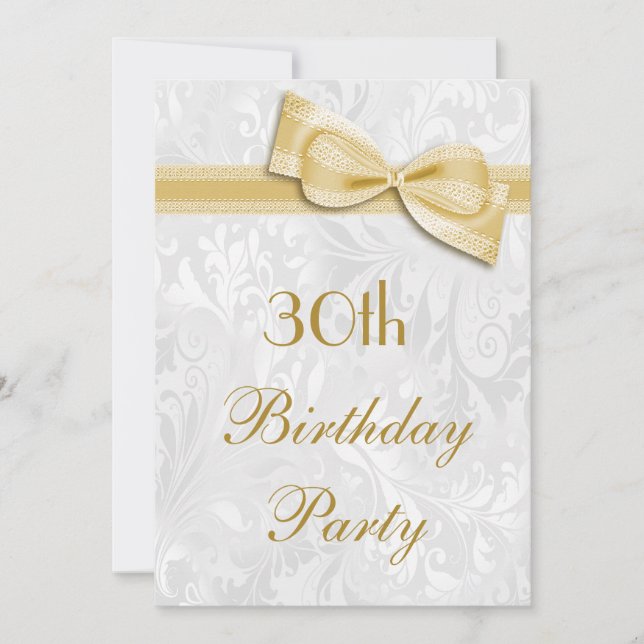 30th Birthday Party Damask and Faux Bow Invitation (Front)