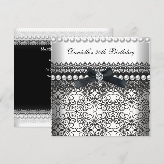 30th Birthday Party Damask Black White Pearl Invitation (Front/Back)