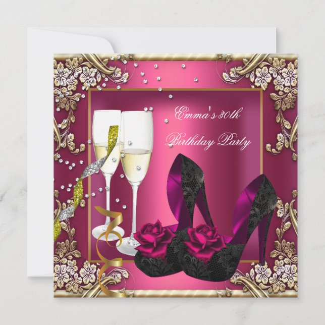 30th Birthday Party Dark Pink Gold Black Floral Invitation (Front)