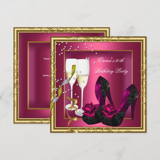 30th Birthday Party Dark Pink Gold Black Invitation (Front/Back)