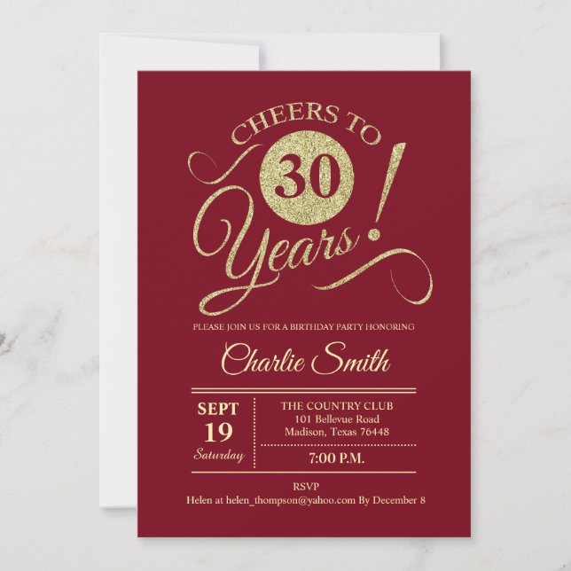 30th Birthday Party - Dark Red Gold Invitation (Front)