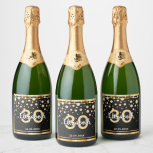 30th birthday party diamonds glitter black gold sparkling wine label