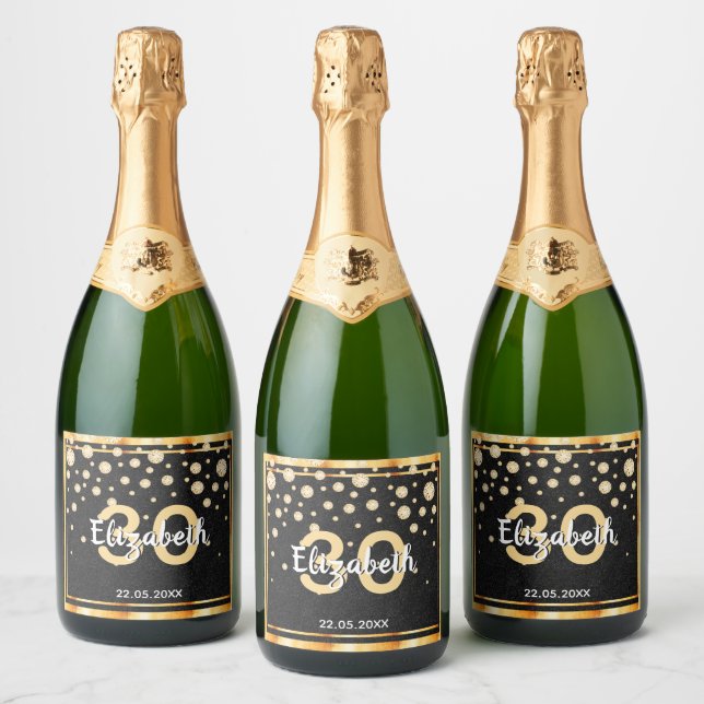 30th birthday party diamonds glitter black gold sparkling wine label (Bottles)