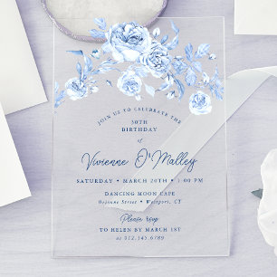 30th Birthday Party Dusty Blue Floral Acrylic Invitations