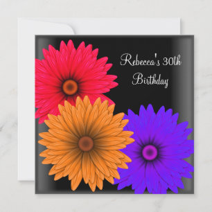 30th Birthday Party Elegant Black Colourful Flower Invitation