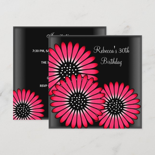 30th Birthday Party Elegant Black Pink Flowers Invitation (Front/Back)