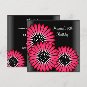 30th Birthday Party Elegant Black Pink Flowers Invitation