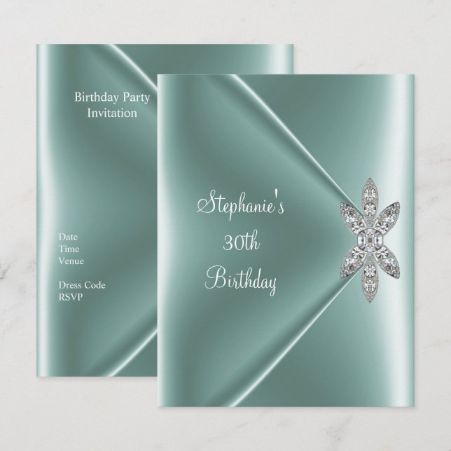 30th Birthday Party Elegant Mint Green Jewel Invitation (Front/Back)