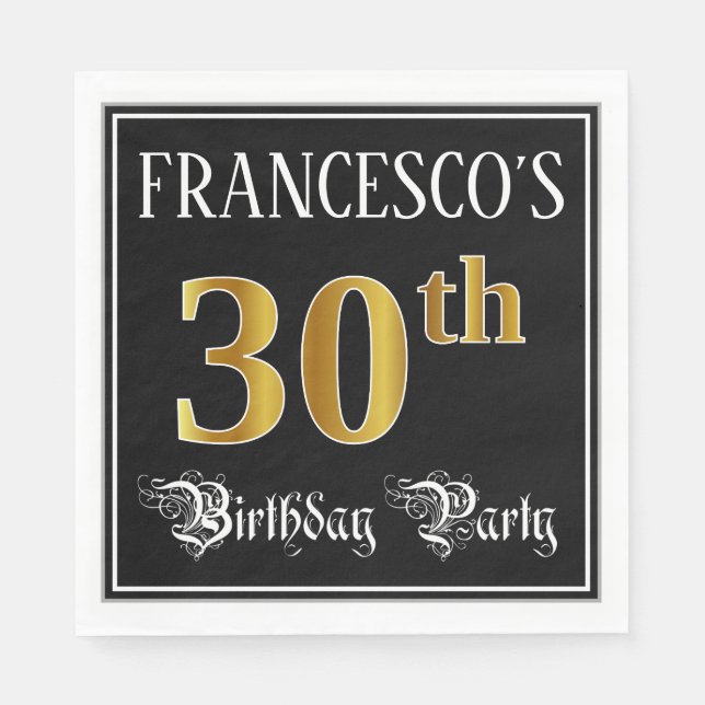 30th Birthday Party — Fancy Script, Faux Gold Look Napkin (Front)