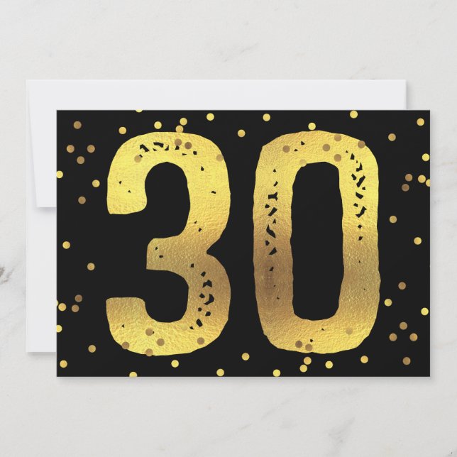 30th Birthday Party Faux Gold Foil Confetti Black Invitation (Front)