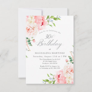 30th Birthday Party Feminine Pink Roses Floral Inv Invitation