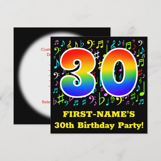 30th Birthday Party: Fun Music Symbols, Rainbow 30 Invitation (Front/Back)