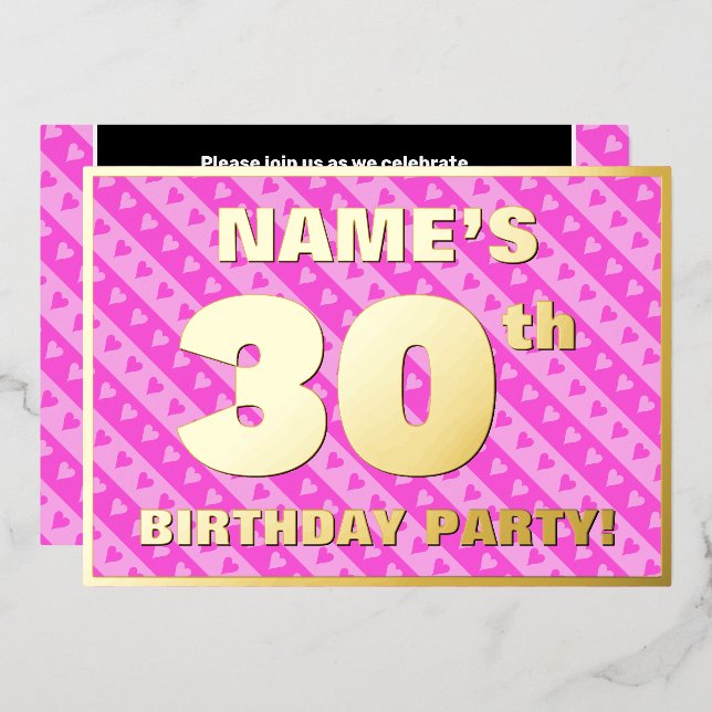 30th Birthday Party — Fun Pink Hearts and Stripes (Front/Back)