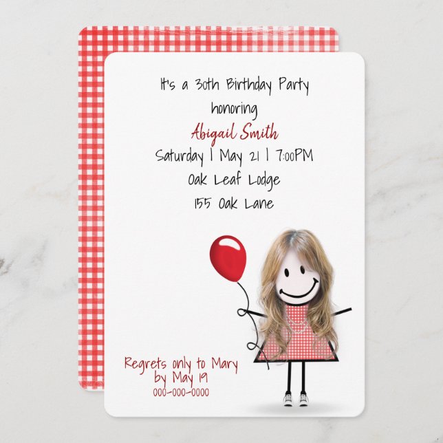 30th Birthday Party Girl with Red Balloon   Invitation (Front/Back)