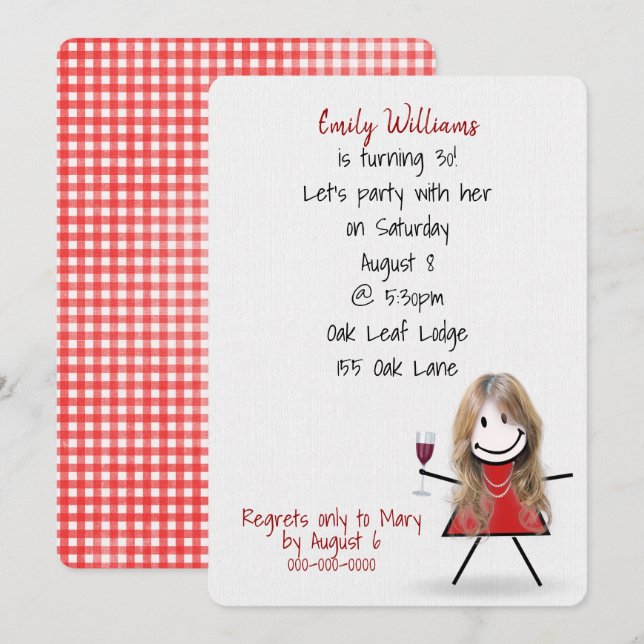 30th Birthday Party Girl with Wine Invitation (Front/Back)