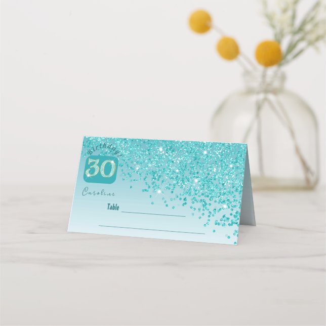 30th Birthday Party Glam Teal Blue Glitter Place Card (Front)