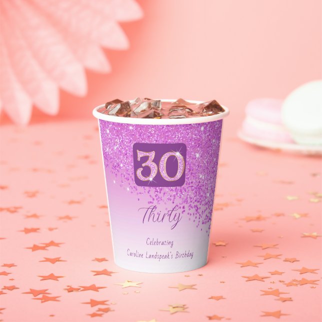 30th Birthday Party Gleaming Pink Glitter Paper Cups (Insitu)