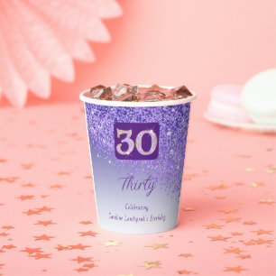 30th Birthday Party Gleaming Purple Glitter Paper Cups