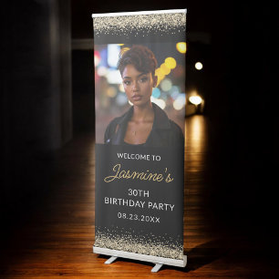 30th Birthday Party Gold Black Glitter Photo Retractable Banner