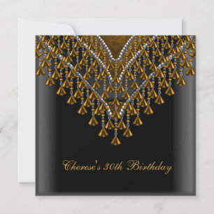 30th Birthday Party Gold Bronze Beads Black Invitation