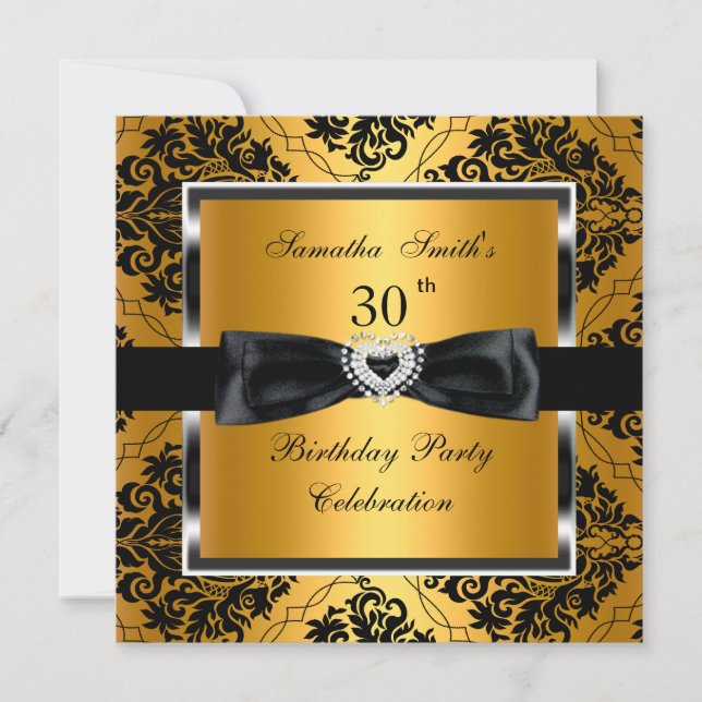 30th Birthday Party Gold Damask Silver Black Invitation (Front)