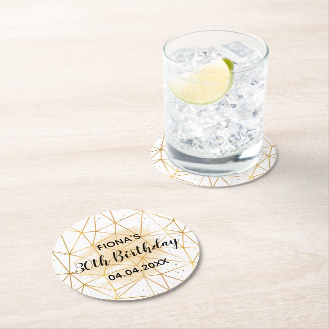 30th birthday party gold geometric white monogram round paper coaster (Insitu)