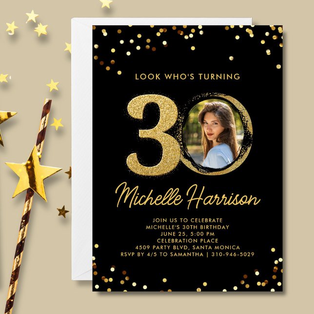 30th Birthday Party Gold Glitter Confetti Photo Invitation (Creator Uploaded)