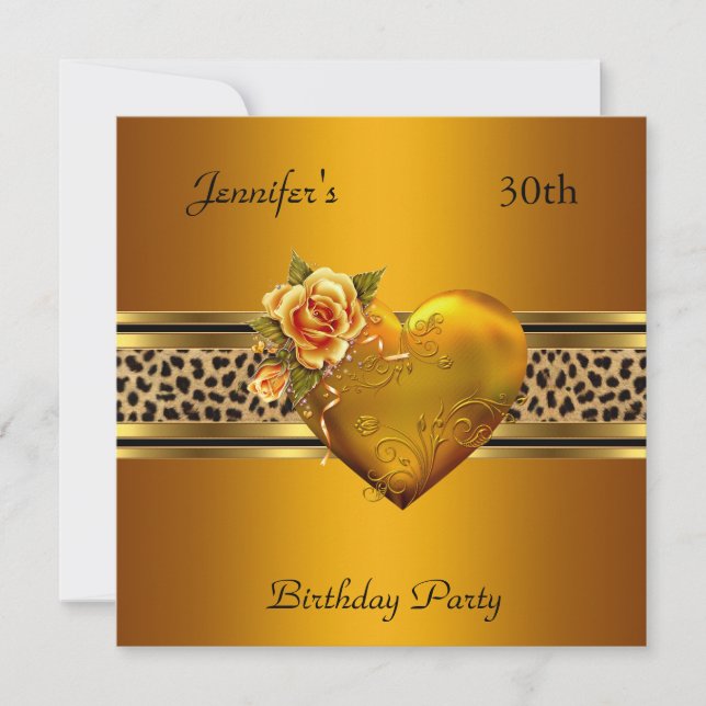 30th Birthday Party Gold Heart Jewel Leopard Invitation (Front)