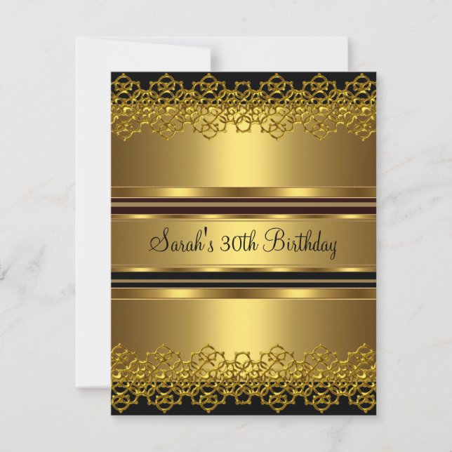30th Birthday Party Gold on Gold Lace Black Invitation (Front)