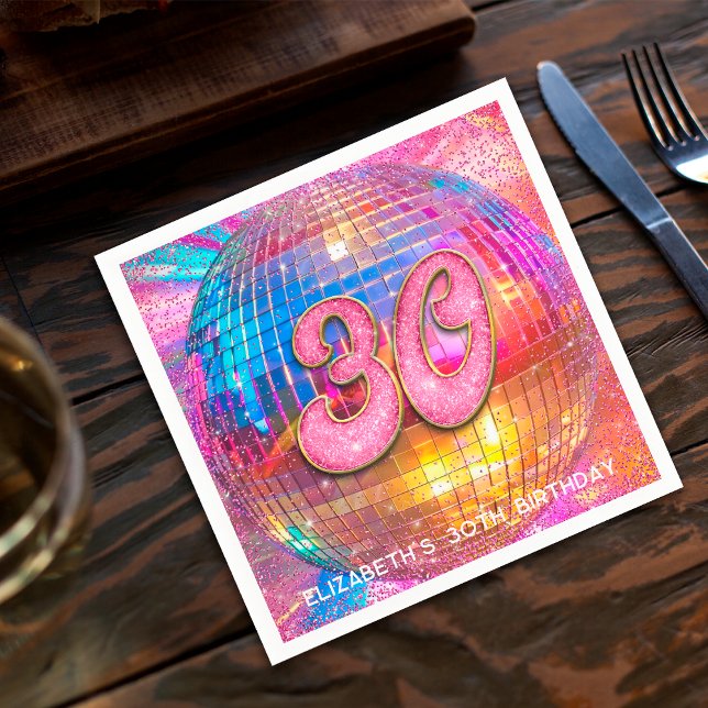 30th Birthday Party Gold Pink Glitter Disco Ball Napkin (Creator Uploaded)