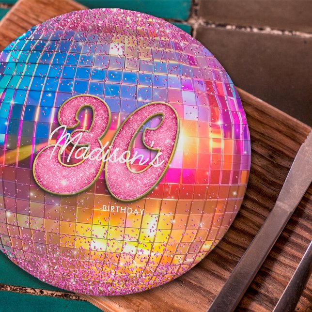 30th Birthday Party Gold Pink Glitter Disco Ball Paper Plate (Creator Uploaded)