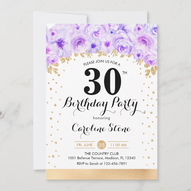 30th Birthday Party - Gold Purple Flowers Invitation (Front)