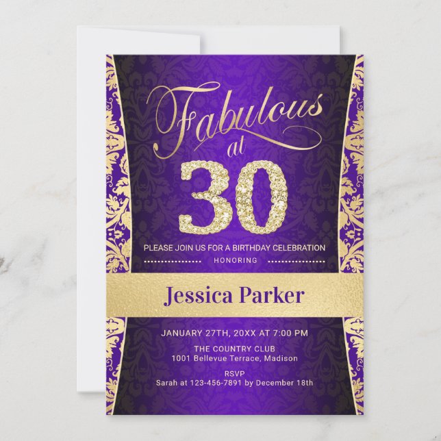30th Birthday Party - Gold Purple Invitation (Front)