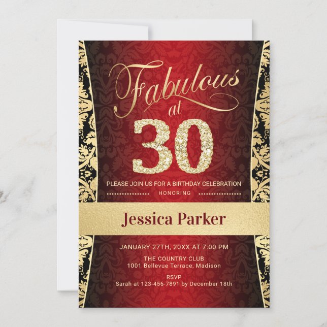 30th Birthday Party - Gold Red Black Invitation (Front)