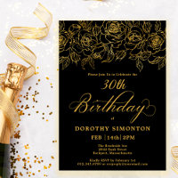 30th Birthday Party Gold Rose Floral Black