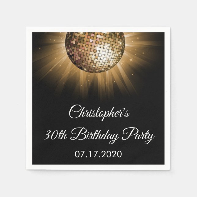 30th Birthday Party Gold Sparkle Disco Ball Napkin (Front)