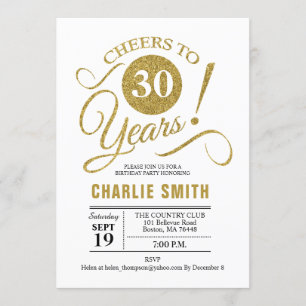 30th Birthday Party - Gold White Invitation
