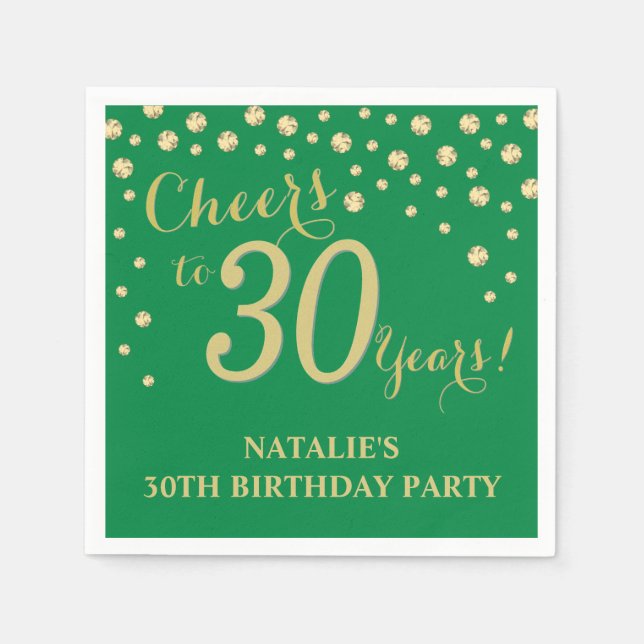 30th Birthday Party Green and Gold Diamond Napkins (Front)