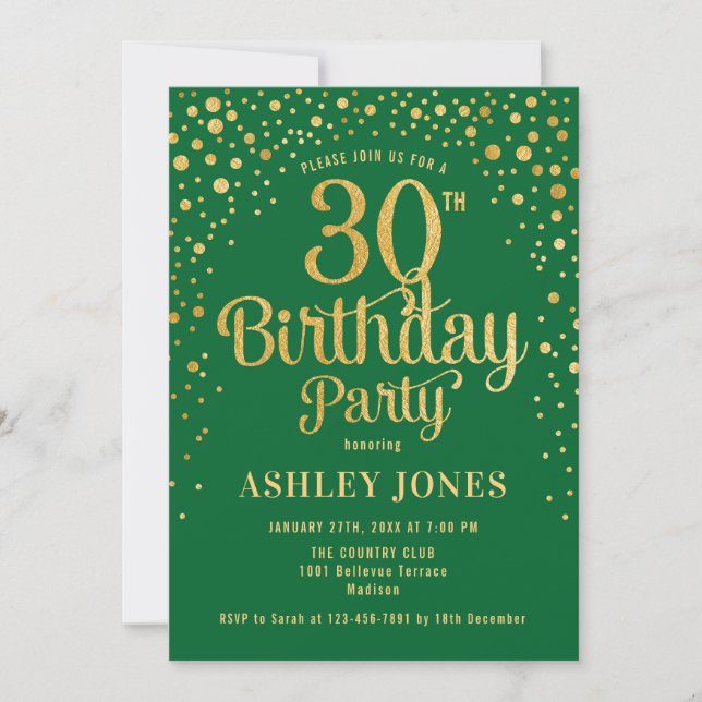 30th Birthday Party - Green & Gold Invitation (Front)